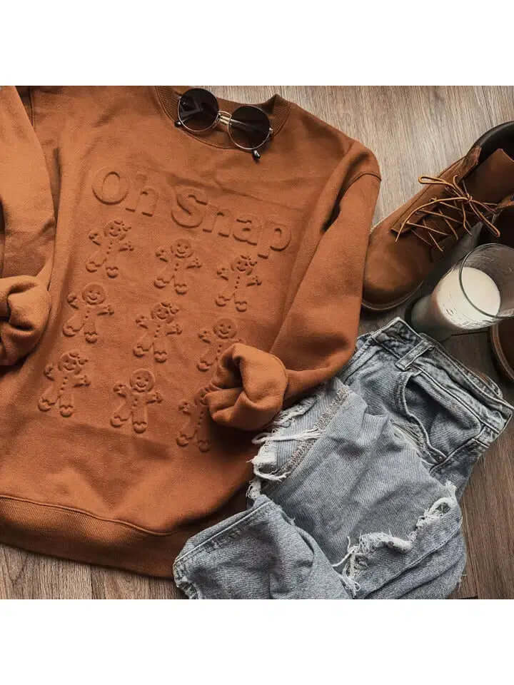Oh Snap! 3D Embossed Sweatshirt-3D,3D Graphic Print,clothing,Curvy,Embossed,Gingerbread,Gingerbread Man,Oh Snap!,Sale,Sweatshirt,Top,Tops,Women,women's-[option4]-[option5]-[option6]-Bella Bliss Boutique in Texas