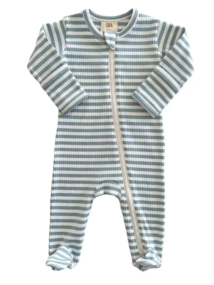 Organic Ribbed Zip Footie-Blue Stripe,Children & Tweens,children's,clothing,Dusty Blue,Infant to 6,Onsie,organic,Ribbed,stripe,Striped,Zip Footie,Zip Front-NB-[option4]-[option5]-[option6]-Bella Bliss Boutique in Texas