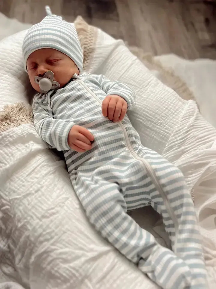 Organic Ribbed Zip Footie-Blue Stripe,Children & Tweens,children's,clothing,Dusty Blue,Infant to 6,Onsie,organic,Ribbed,stripe,Striped,Zip Footie,Zip Front-[option4]-[option5]-[option6]-Bella Bliss Boutique in Texas