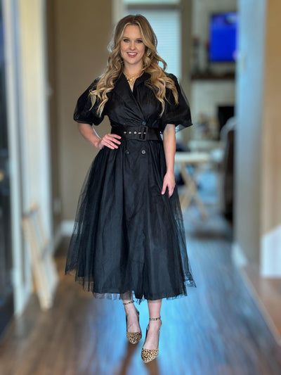 Organza Midi Jacket Dress-Black, Button Front, clothing, dress, dresses, Elbow Sleeves, Jacket Dress, Midi Dress, Organza, Women, women's-S-[option4]-[option5]-[option6]-Bella Bliss Boutique in Texas