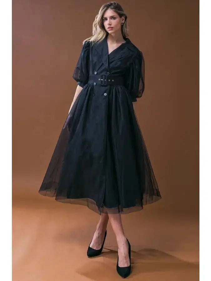 Organza Midi Jacket Dress-Black, Button Front, clothing, dress, dresses, Elbow Sleeves, Jacket Dress, Midi Dress, Organza, Women, women's-[option4]-[option5]-[option6]-Bella Bliss Boutique in Texas