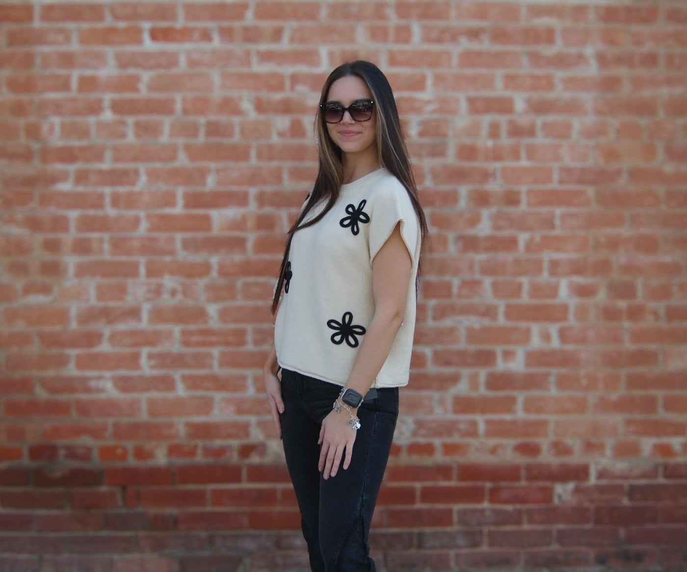 Oversized Embroidered Detail Sweater-clothing,Embroidered Detail,Floral Embroidery,Ivory/Black,Oversized,Sleeveless Sweater,Sweater,Sweaters,Top,Tops,Women,women's-[option4]-[option5]-[option6]-Bella Bliss Boutique in Texas