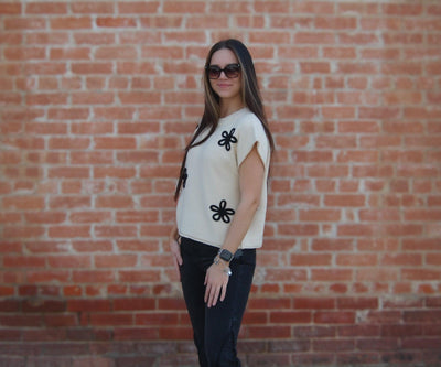 Oversized Embroidered Detail Sweater-clothing,Embroidered Detail,Floral Embroidery,Ivory/Black,Oversized,Sleeveless Sweater,Sweater,Sweaters,Top,Tops,Women,women's-[option4]-[option5]-[option6]-Bella Bliss Boutique in Texas