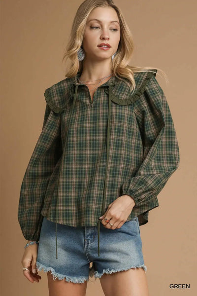 Women’s relaxed plaid blouse – playful plaid with ruffle collar, tie closure, and billowy sleeves