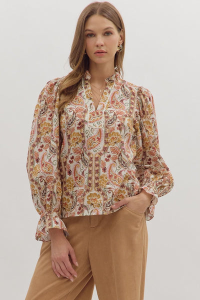 Paisley Ruffled Band Collar Top-blouse,blouses,clothing,Entro,Long Sleeve,Paisley,Puff Sleeve,Ruffle Detail Top,Top,Tops,V-Neck,Women,women's-S-[option4]-[option5]-[option6]-Bella Bliss Boutique in Texas