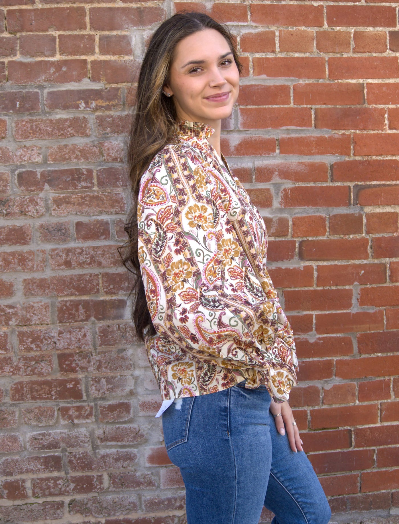 Paisley Ruffled Band Collar Top-blouse,blouses,clothing,Entro,Long Sleeve,Paisley,Puff Sleeve,Ruffle Detail Top,Top,Tops,V-Neck,Women,women's-[option4]-[option5]-[option6]-Bella Bliss Boutique in Texas