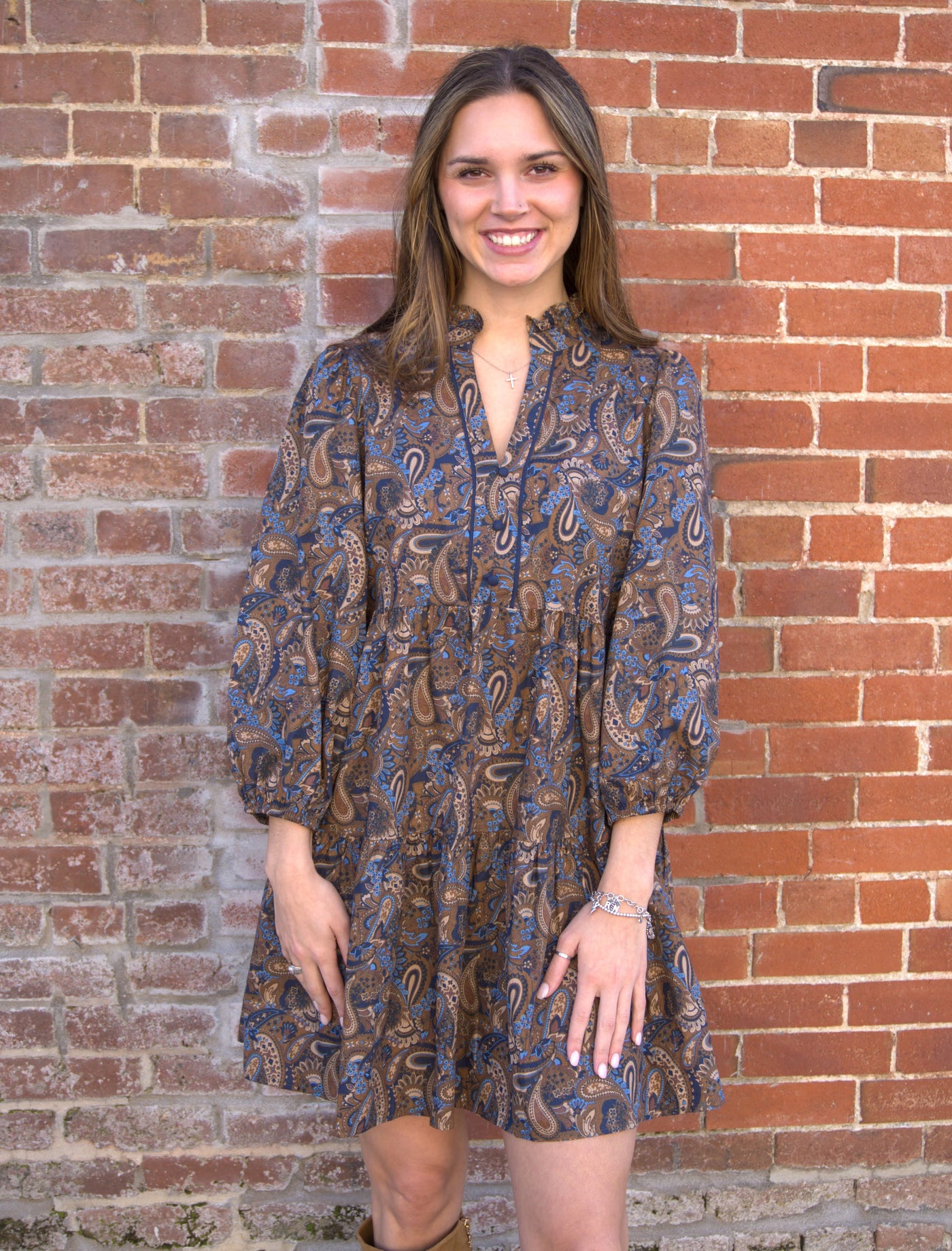Paisley Tiered Mini Dress-3/4 Sleeve,clothing,dress,dresses,Elbow Puff Sleeves,Mini Dress,Paisley,Puff Sleeve,umgee,Women,women's-S-[option4]-[option5]-[option6]-Bella Bliss Boutique in Texas