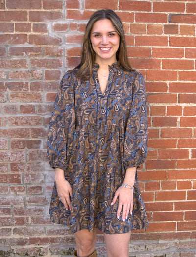 Paisley Tiered Mini Dress-3/4 Sleeve,clothing,dress,dresses,Elbow Puff Sleeves,Mini Dress,Paisley,Puff Sleeve,umgee,Women,women's-S-[option4]-[option5]-[option6]-Bella Bliss Boutique in Texas