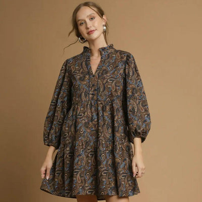Paisley Tiered Mini Dress-3/4 Sleeve,clothing,dress,dresses,Elbow Puff Sleeves,Mini Dress,Paisley,Puff Sleeve,umgee,Women,women's-S-[option4]-[option5]-[option6]-Bella Bliss Boutique in Texas
