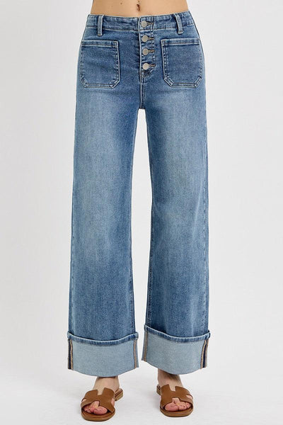 Patch Pocket Cuffed Jeans-Ankle,Ankle Jeans,Bottoms,Button Fly,Button Front,Button Up,clothing,Cuffed,Cuffed Hem,Cuffed Jeans,denim,High Rise,Jeans,Medium Wash,Patch Pockets,Wide Ankle,Women,women's-1/25-[option4]-[option5]-[option6]-Bella Bliss Boutique in Texas