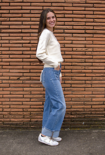 Patch Pocket Cuffed Jeans-Ankle,Ankle Jeans,Bottoms,Button Fly,Button Front,Button Up,clothing,Cuffed,Cuffed Hem,Cuffed Jeans,denim,High Rise,Jeans,Medium Wash,Patch Pockets,Wide Ankle,Women,women's-[option4]-[option5]-[option6]-Bella Bliss Boutique in Texas