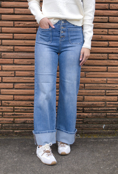 Patch Pocket Cuffed Jeans-Ankle,Ankle Jeans,Bottoms,Button Fly,Button Front,Button Up,clothing,Cuffed,Cuffed Hem,Cuffed Jeans,denim,High Rise,Jeans,Medium Wash,Patch Pockets,Wide Ankle,Women,women's-[option4]-[option5]-[option6]-Bella Bliss Boutique in Texas