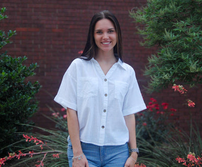 Patch Pocket Top-button down,Button Front,Button Up,buttondown,clothing,Patch Pockets,Short Sleeve,Top,Tops,White,Women,women's-[option4]-[option5]-[option6]-Bella Bliss Boutique in Texas