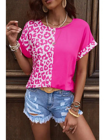 Patchwork Short Sleeve Top-Animal Print, clothing, leopard, Patchwork, Pink, Short Sleeve, Top, Tops, Women, women's-[option4]-[option5]-[option6]-Bella Bliss Boutique in Texas