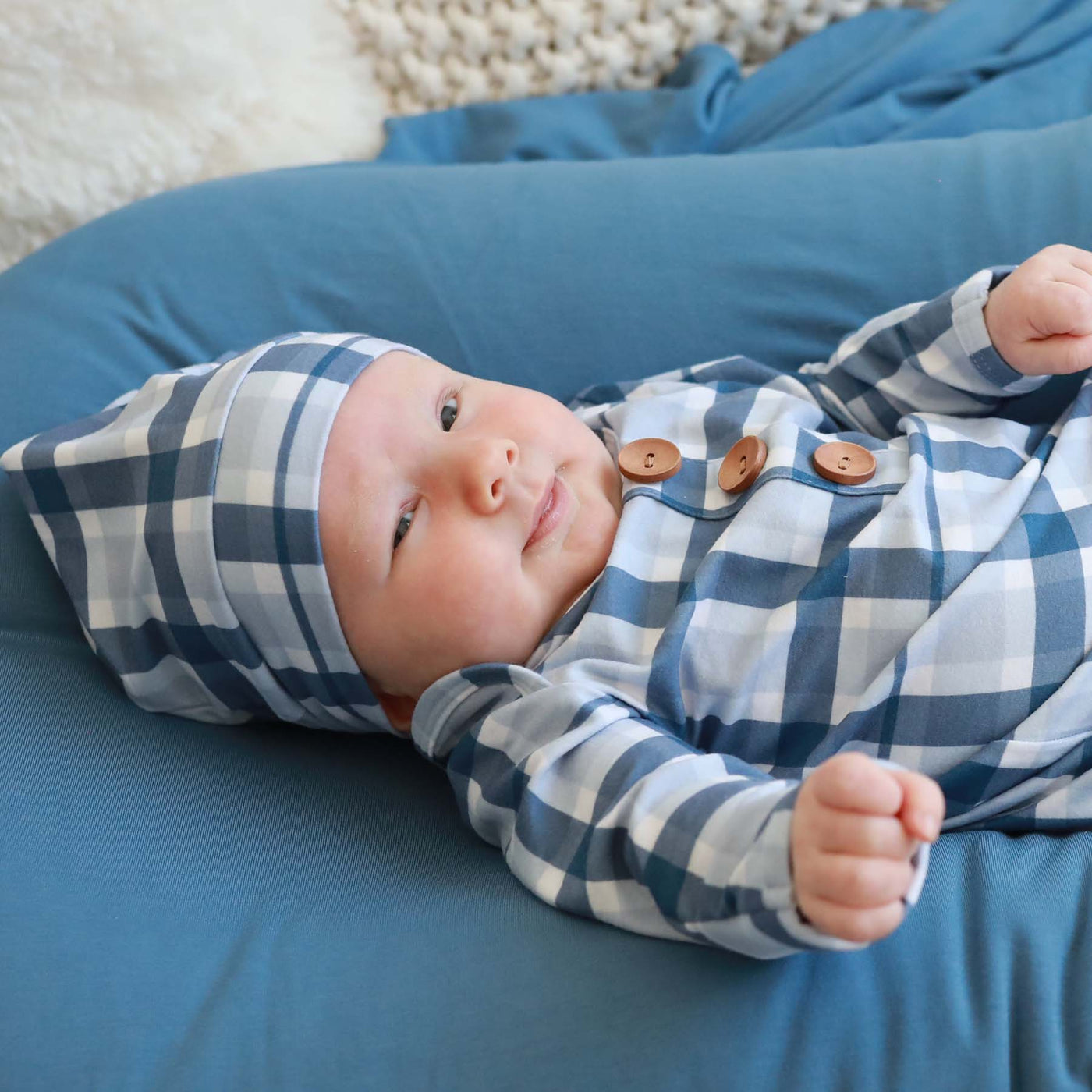 Paxton's Plaid Newborn Baby Knot Gown & Hat Set-Button Detail,Caden Lane,Children & Tween,Children & Tweens,Infant to 6,newborn,plaid,polyester,Rompers,Swaddle + Headband-0-3 months-[option4]-[option5]-[option6]-Bella Bliss Boutique in Texas