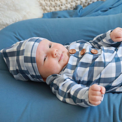 Paxton's Plaid Newborn Baby Knot Gown & Hat Set-Button Detail,Caden Lane,Children & Tween,Children & Tweens,Infant to 6,newborn,plaid,polyester,Rompers,Swaddle + Headband-0-3 months-[option4]-[option5]-[option6]-Bella Bliss Boutique in Texas