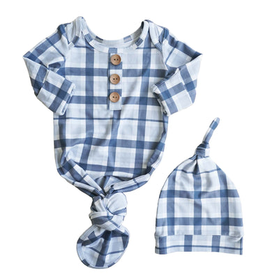 Paxton's Plaid Newborn Baby Knot Gown & Hat Set-Button Detail,Caden Lane,Children & Tween,Children & Tweens,Infant to 6,newborn,plaid,polyester,Rompers,Swaddle + Headband-[option4]-[option5]-[option6]-Bella Bliss Boutique in Texas