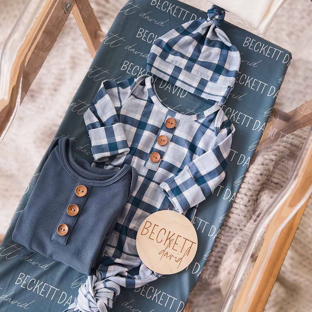 Paxton's Plaid Newborn Baby Knot Gown & Hat Set-Button Detail,Caden Lane,Children & Tween,Children & Tweens,Infant to 6,newborn,plaid,polyester,Rompers,Swaddle + Headband-[option4]-[option5]-[option6]-Bella Bliss Boutique in Texas
