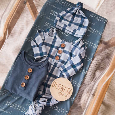 Paxton's Plaid Newborn Baby Knot Gown & Hat Set-Button Detail,Caden Lane,Children & Tween,Children & Tweens,Infant to 6,newborn,plaid,polyester,Rompers,Swaddle + Headband-[option4]-[option5]-[option6]-Bella Bliss Boutique in Texas