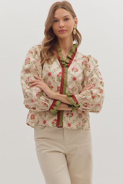 Petal Kiss Long Sleeve Blouse-button down,Button Front,clothing,Curvy,Floral,Floral Print,Long Sleeve,plus size,Ruffle Detail,Ruffle Detail Top,Ruffle Trim,Top,Tops,Women,women's-S-[option4]-[option5]-[option6]-Bella Bliss Boutique in Texas