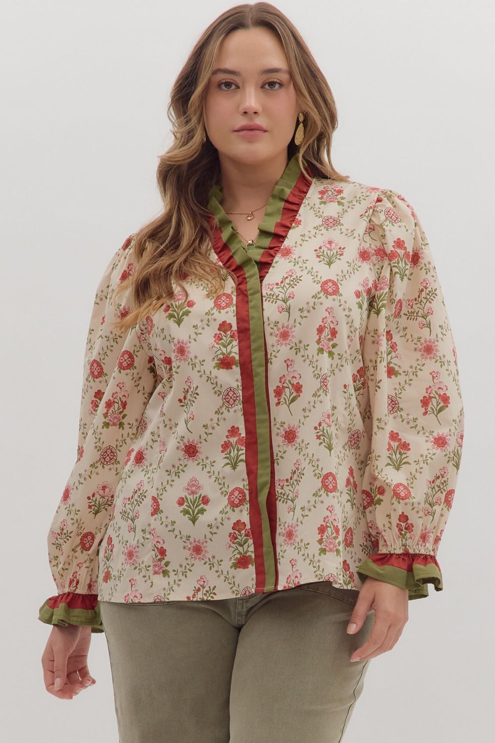 Petal Kiss Long Sleeve Blouse-button down,Button Front,clothing,Curvy,Floral,Floral Print,Long Sleeve,plus size,Ruffle Detail,Ruffle Detail Top,Ruffle Trim,Top,Tops,Women,women's-XL-[option4]-[option5]-[option6]-Bella Bliss Boutique in Texas
