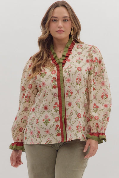 Petal Kiss Long Sleeve Blouse-button down,Button Front,clothing,Curvy,Floral,Floral Print,Long Sleeve,plus size,Ruffle Detail,Ruffle Detail Top,Ruffle Trim,Top,Tops,Women,women's-XL-[option4]-[option5]-[option6]-Bella Bliss Boutique in Texas