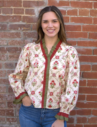 Petal Kiss Long Sleeve Blouse-button down,Button Front,clothing,Curvy,Floral,Floral Print,Long Sleeve,plus size,Ruffle Detail,Ruffle Detail Top,Ruffle Trim,Top,Tops,Women,women's-[option4]-[option5]-[option6]-Bella Bliss Boutique in Texas