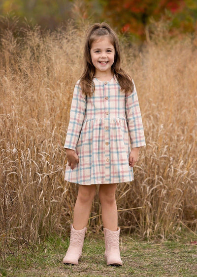 Phoebe Dress-Blue,button down,Children & Tween,Children & Tweens,dress,dresses,Infant to 6,little girls dresses,Long Sleeve,mabel + honey,Pink,plaid-[option4]-[option5]-[option6]-Bella Bliss Boutique in Texas