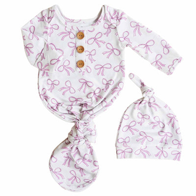Pink Bow Newborn Knot Gown & Hat Set-Bow Headband,Button Detail,Caden Lane,Children & Tween,Children & Tweens,Infant to 6,newborn,polyester,Rompers,Swaddle + Headband-[option4]-[option5]-[option6]-Bella Bliss Boutique in Texas