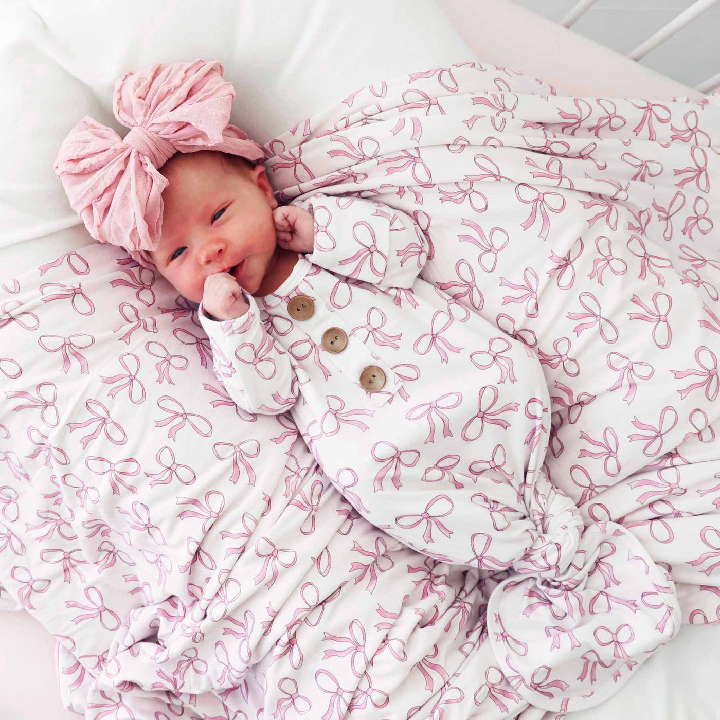 Pink Bow Newborn Knot Gown & Hat Set-Bow Headband,Button Detail,Caden Lane,Children & Tween,Children & Tweens,Infant to 6,newborn,polyester,Rompers,Swaddle + Headband-[option4]-[option5]-[option6]-Bella Bliss Boutique in Texas