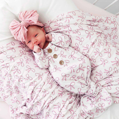 Pink Bow Newborn Knot Gown & Hat Set-Bow Headband,Button Detail,Caden Lane,Children & Tween,Children & Tweens,Infant to 6,newborn,polyester,Rompers,Swaddle + Headband-[option4]-[option5]-[option6]-Bella Bliss Boutique in Texas