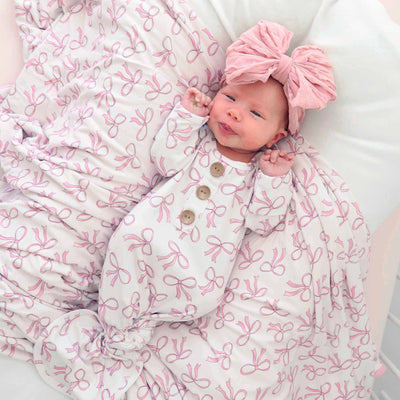 Pink Bow Newborn Knot Gown & Hat Set-Bow Headband,Button Detail,Caden Lane,Children & Tween,Children & Tweens,Infant to 6,newborn,polyester,Rompers,Swaddle + Headband-[option4]-[option5]-[option6]-Bella Bliss Boutique in Texas