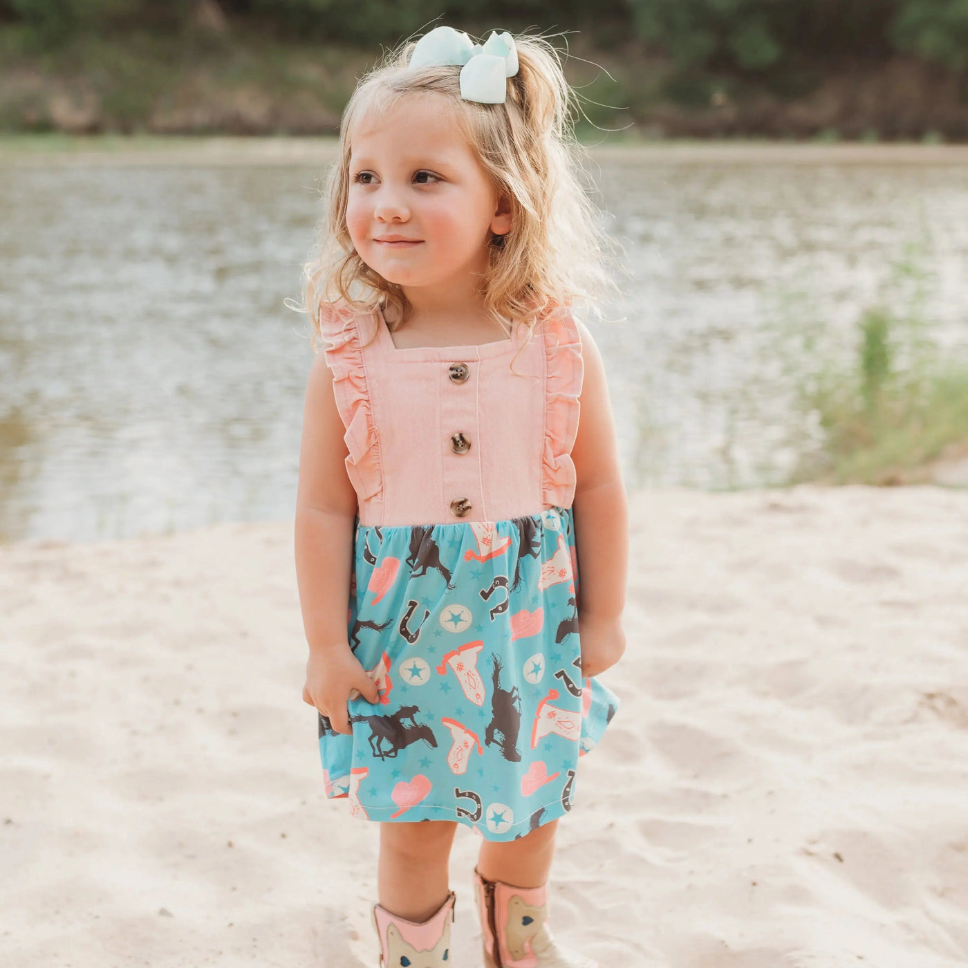 Pink Denim & Turquoise Cowgirl Dress-Children & Tweens, children's, Children/Tween, Childrens/Tween, cowgirl, infant, Infant to 6, infant-6, pink denim, Shea Baby, Turquoise, Western-3/6m-[option4]-[option5]-[option6]-Bella Bliss Boutique in Texas