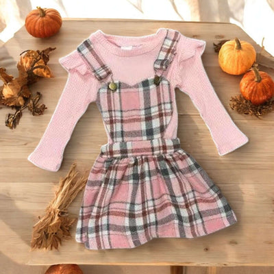 Pink Flannel Overall Dress-Children & Tweens,children's,clothing,dress,dresses,Flannel,Heart Bib,Infant to 6,Overall,Pink,ruffle,Ruffle Detail,Ruffle Trim-[option4]-[option5]-[option6]-Bella Bliss Boutique in Texas