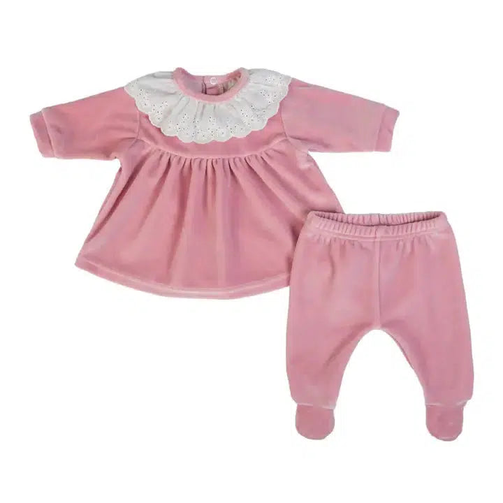 Pink Velour Footed Set-Bottoms, Children & Tweens, children's, clothing, Footed, Footed Bottoms, Infant to 6, Lace Collar, Pink, Pink Velour, Top, Tops-0M-[option4]-[option5]-[option6]-Bella Bliss Boutique in Texas