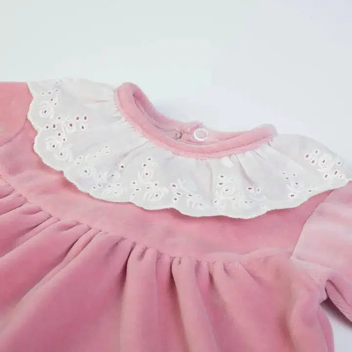 Pink Velour Footed Set-Bottoms, Children & Tweens, children's, clothing, Footed, Footed Bottoms, Infant to 6, Lace Collar, Pink, Pink Velour, Top, Tops-[option4]-[option5]-[option6]-Bella Bliss Boutique in Texas