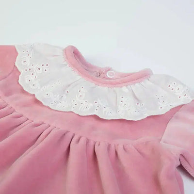 Pink Velour Footed Set-Bottoms, Children & Tweens, children's, clothing, Footed, Footed Bottoms, Infant to 6, Lace Collar, Pink, Pink Velour, Top, Tops-[option4]-[option5]-[option6]-Bella Bliss Boutique in Texas