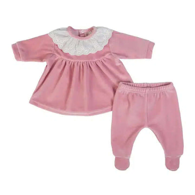 Pink Velour Footed Set-Bottoms,Children & Tweens,children's,clothing,Footed,Footed Bottoms,Infant to 6,Lace Collar,Pink,Pink Velour,Top,Tops-[option4]-[option5]-[option6]-Bella Bliss Boutique in Texas