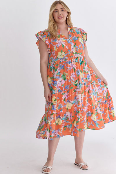 Placket Detail Midi Dress-clothing, Curvy, dress, dresses, Floral, Floral Print, Midi Dress, orange, Placket Detail-XL-[option4]-[option5]-[option6]-Bella Bliss Boutique in Texas