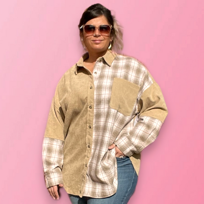 Plaid Contrast Corduroy Shacket-clothing, Coats & Jackets, Corduroy, Curvy, jacket, plaid, Sale, Shacket, Tops-1XL-[option4]-[option5]-[option6]-Bella Bliss Boutique in Texas