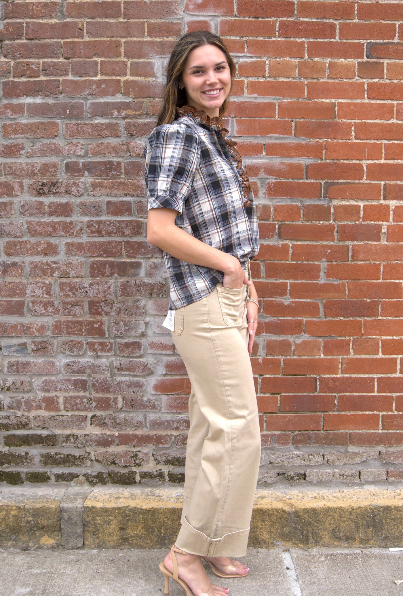 Plaid Contrast Placket Top-Black,clothing,Contrast Placket,Contrast Ruffle Trim,plaid,Puff Sleeve,Ruffle Trim,Short Sleeve,Top,Tops,Women,women's-[option4]-[option5]-[option6]-Bella Bliss Boutique in Texas