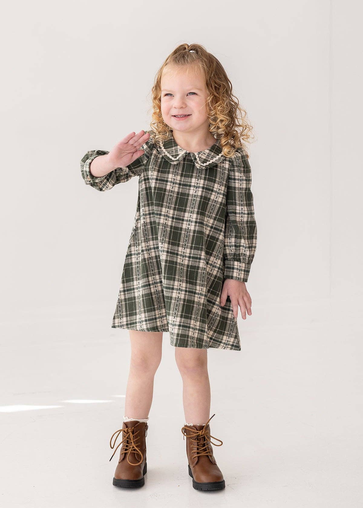 Plaid & Pine Dress-Children & Tween,Children & Tweens,children's,clothing,dress,dresses,green,Infant to 6,little girls dresses,Long Sleeve,mabel + honey,peter pan collar,plaid-[option4]-[option5]-[option6]-Bella Bliss Boutique in Texas