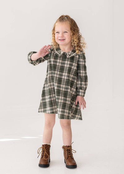 Plaid & Pine Dress-Children & Tween,Children & Tweens,children's,clothing,dress,dresses,green,Infant to 6,little girls dresses,Long Sleeve,mabel + honey,peter pan collar,plaid-[option4]-[option5]-[option6]-Bella Bliss Boutique in Texas