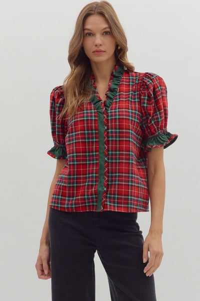 Plaid Ruffle Neck Top-button down,Button Front,clothing,Entro,holiday,plaid,Puff Sleeve,Ruffle Detail Top,Split Neckline,Split V-Neck,Top,Tops,Women,women's-[option4]-[option5]-[option6]-Bella Bliss Boutique in Texas