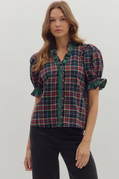 Plaid Ruffle Neck Top-blouse,blouses,Button Front,Button Up,clothing,plaid,Puff Sleeve,Ruffle Detail Top,Top,Tops,Women,women's-Blue-S-[option4]-[option5]-[option6]-Bella Bliss Boutique in Texas