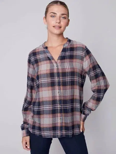 Plaid Shirt w/Rounded Collar-button down, buttondown, clothing, Curvy, navy, plaid, Sale, Tops-XS-[option4]-[option5]-[option6]-Bella Bliss Boutique in Texas
