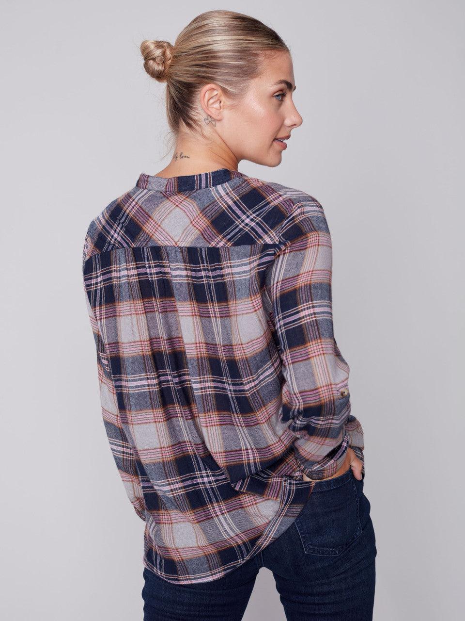 Plaid Shirt w/Rounded Collar-button down, buttondown, clothing, Curvy, navy, plaid, Sale, Tops-[option4]-[option5]-[option6]-Bella Bliss Boutique in Texas