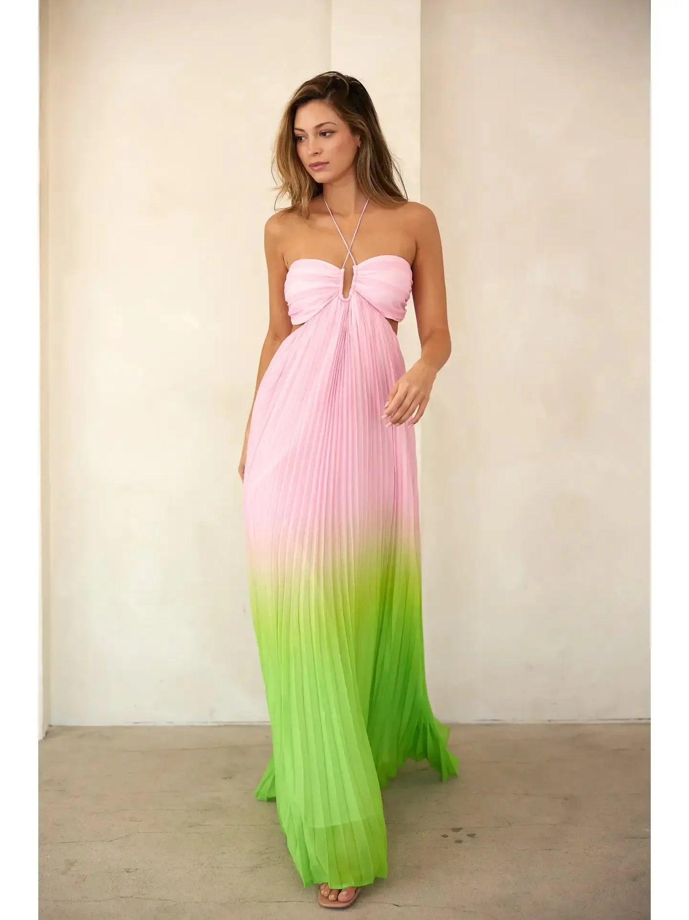 Pleated Halter Maxi Dress-clothing,Cut Out Detail,dresses,Halter,Halter Dress,Halter Neck,Maxi Dress,Pink//Lime,Pleated,Pleated Dress,Sale,Smocking Detail,Sweatheart Neckline,women's-[option4]-[option5]-[option6]-Bella Bliss Boutique in Texas