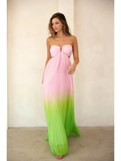 Pleated Halter Maxi Dress-clothing,Cut Out Detail,dresses,Halter,Halter Dress,Halter Neck,Maxi Dress,Pink//Lime,Pleated,Pleated Dress,Sale,Smocking Detail,Sweatheart Neckline,women's-[option4]-[option5]-[option6]-Bella Bliss Boutique in Texas