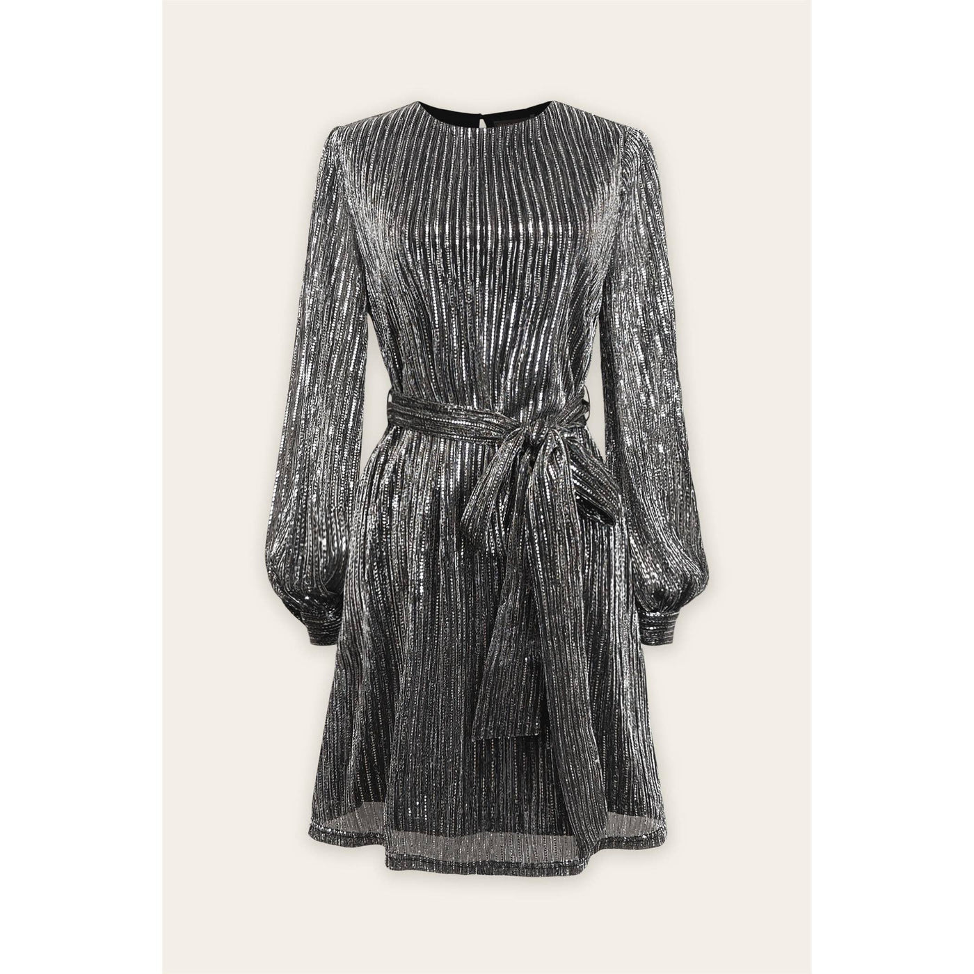 Pleated Mini Dress with Sash Belt-Cinched Waist,Crew Neck,dress,Dress Forum,dresses,Long Sleeve,Mini Dress,Pleated,Pleated Dress,Self Sash Belt,Silver,Women,women's-[option4]-[option5]-[option6]-Bella Bliss Boutique in Texas